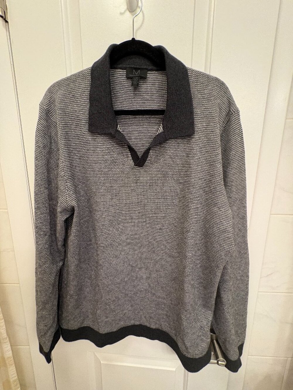 M Magaschoni Men’s Collared Knit Pullover Sweater Gray Black L